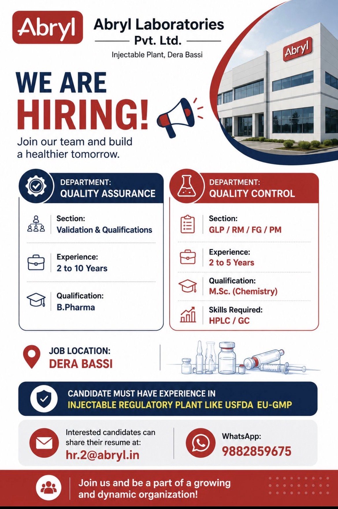 Abryl Laboratories Pvt. Ltd. Hiring – QA Validation & Qualification and QC Professionals at Dera Bassi