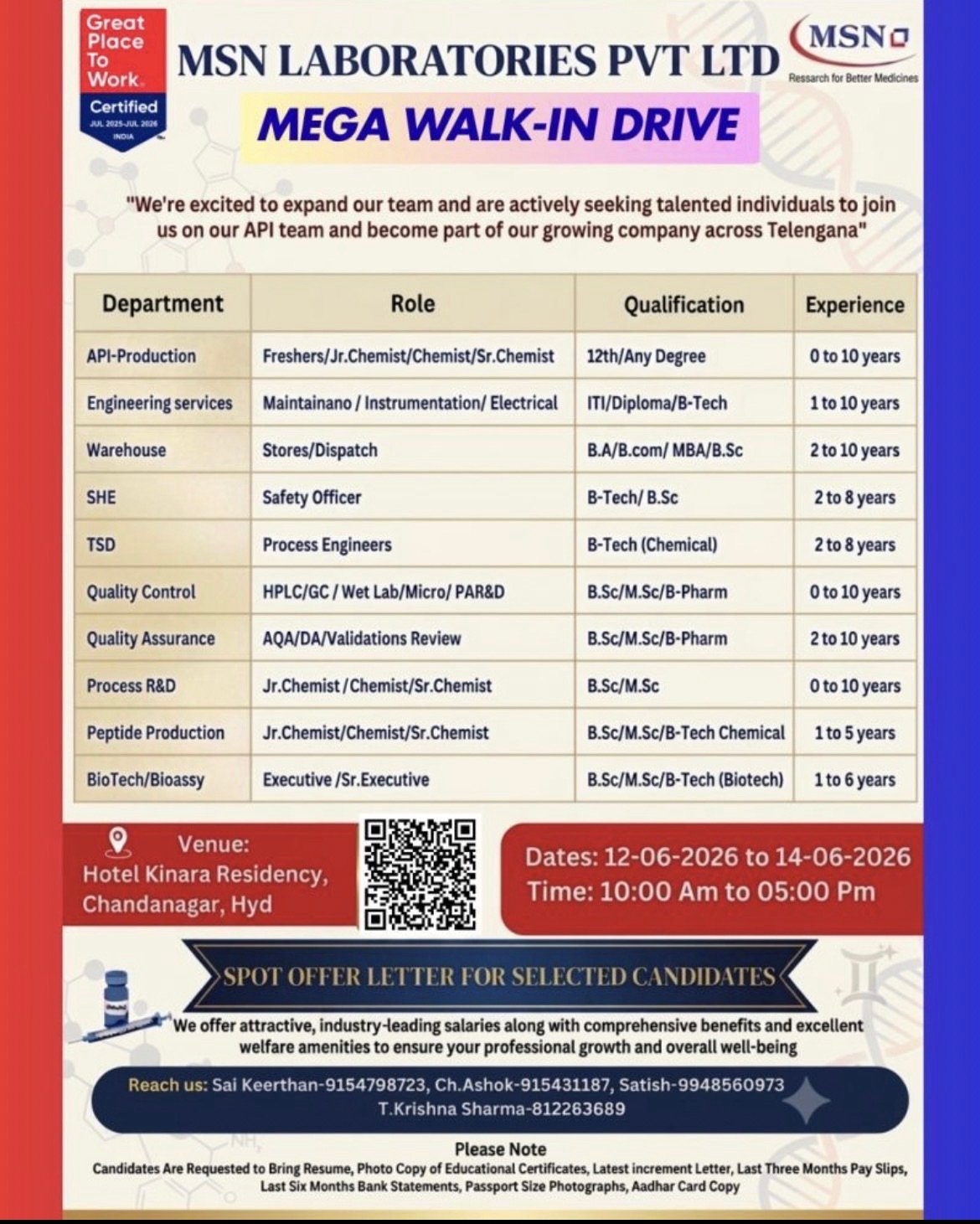 MSN Laboratories Pvt Ltd Mega Walk-In Drive 2026 | API Production, QA, QC, Engineering & R&D Jobs in Hyderabad