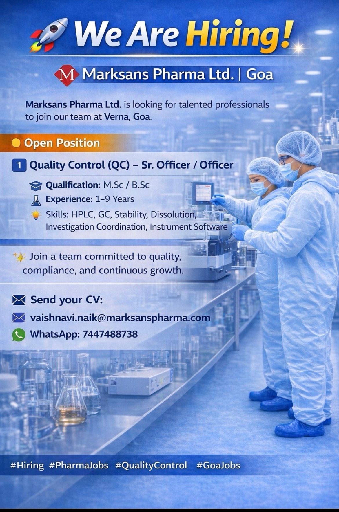 Marksans Pharma Ltd Hiring – Quality Control (QC) Sr. Officer / Officer | Goa