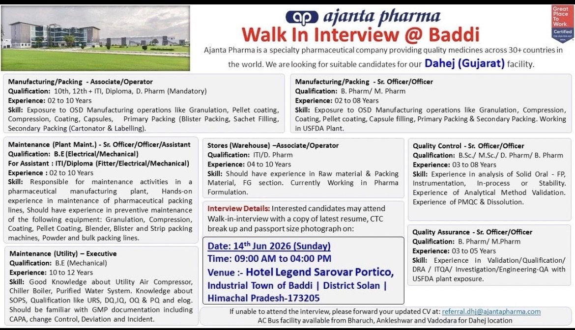 Ajanta Pharma Walk-In Interview 2026 for Dahej Plant | Manufacturing, QA, QC, Maintenance & Stores Jobs