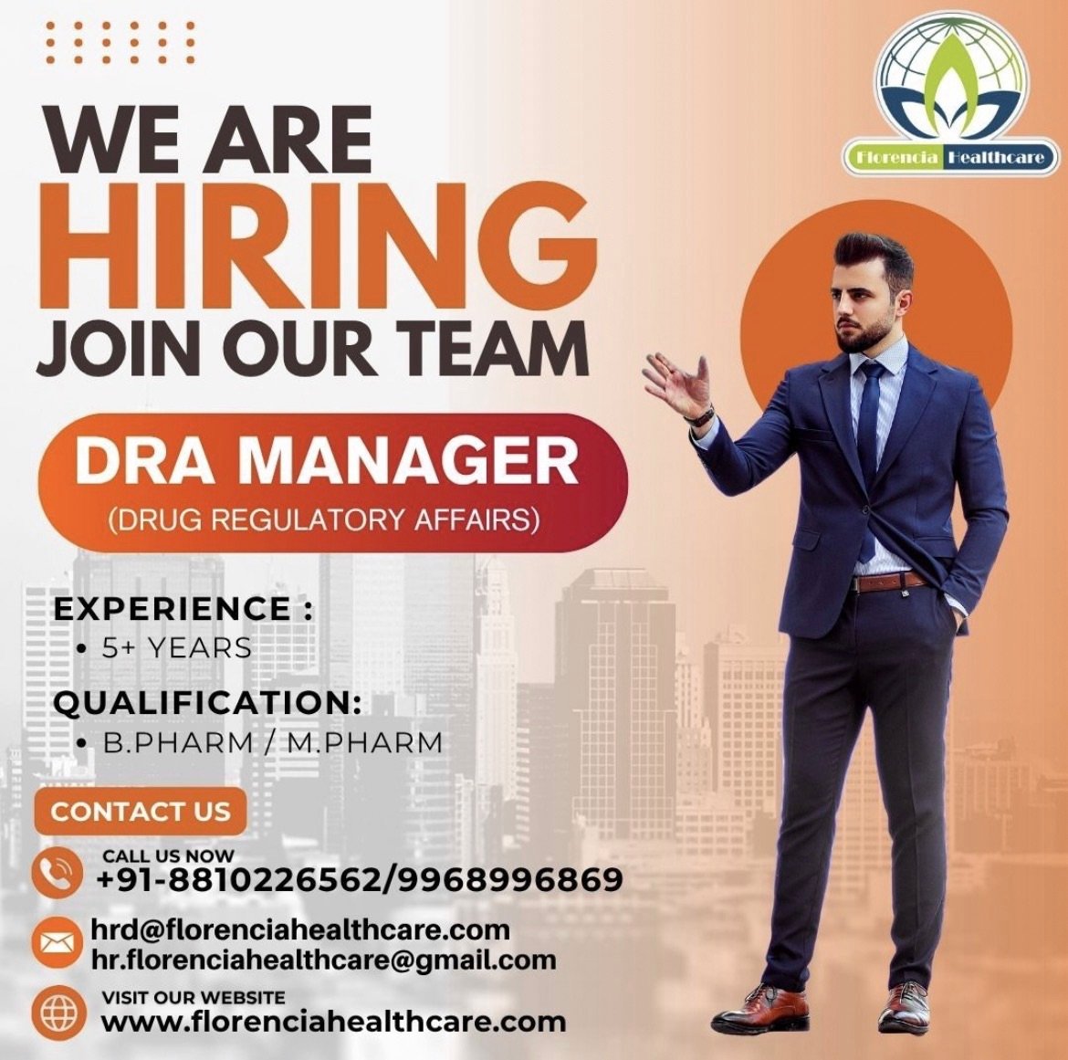 DRA Manager (Drug Regulatory Affairs) Job Vacancy at Florencia Healthcare | B.Pharm/M.Pharm | 5+ Years Experience
