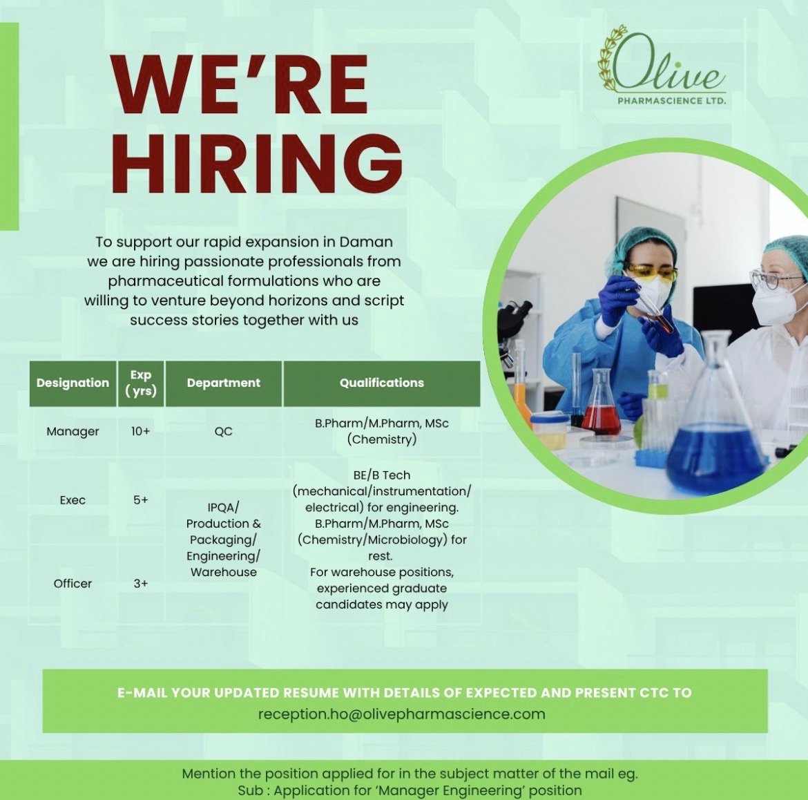 Olive Pharmascience Ltd. Hiring – Multiple Pharma Job Openings in Daman (QC, IPQA, Production, Packaging, Engineering & Warehouse)