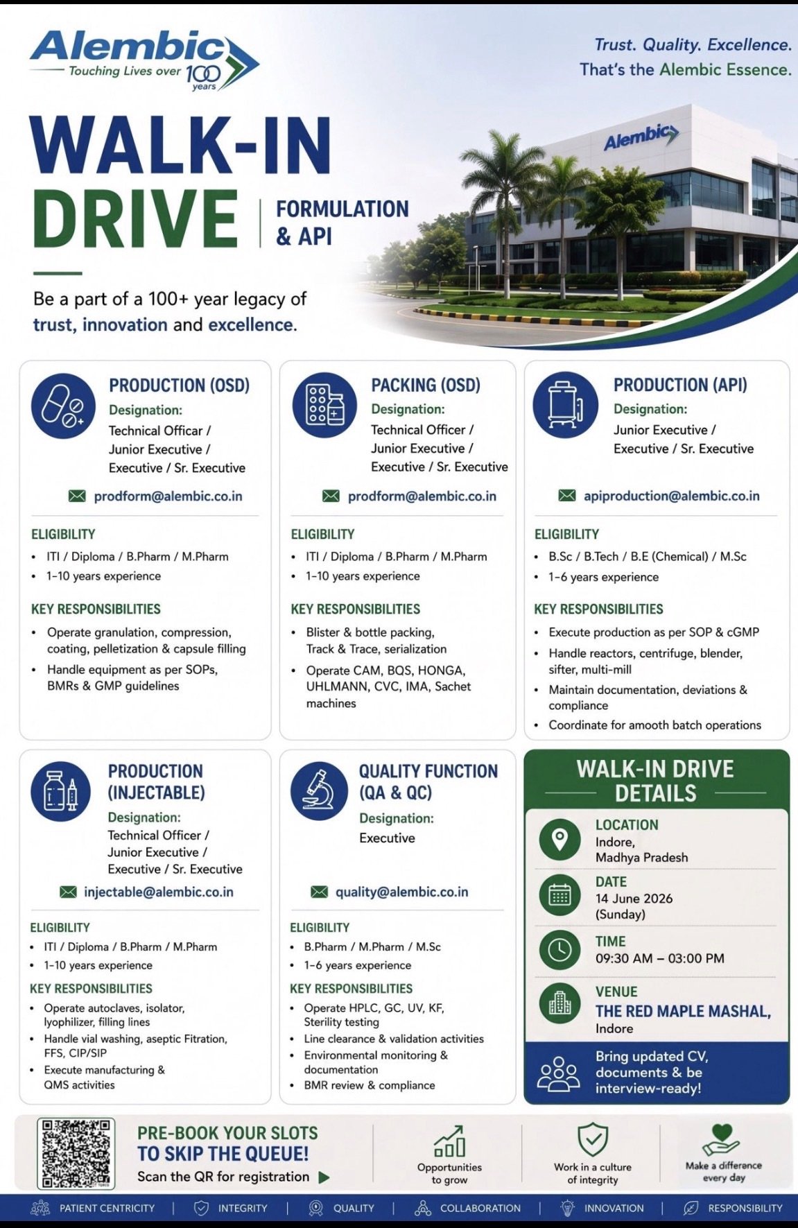 Alembic Pharmaceuticals Walk-In Drive 2026 for Production, Packing, QA & QC | Indore
