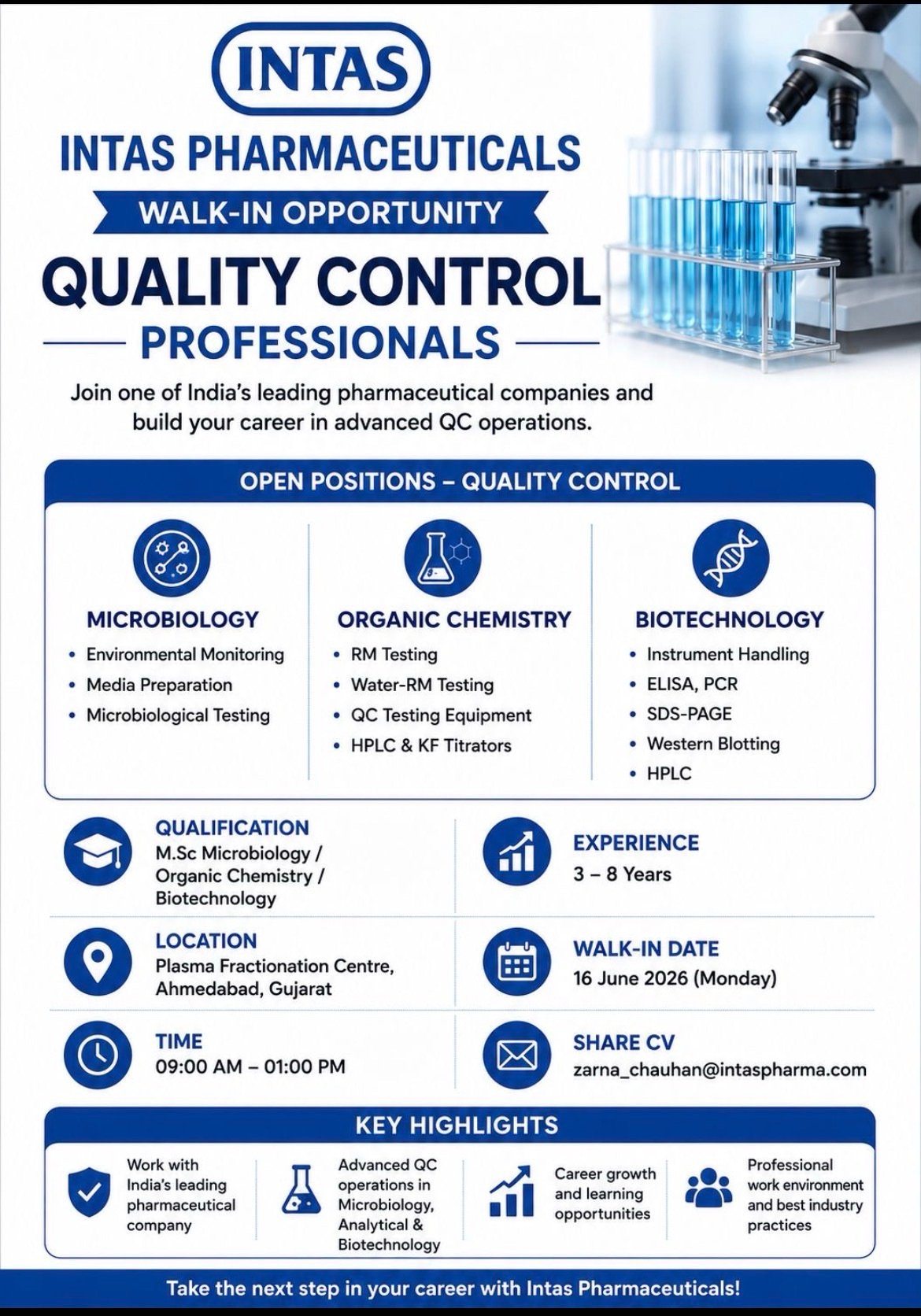 Intas Pharmaceuticals Walk-In Drive 2026 for Quality Control Professionals in Ahmedabad | QC Jobs in Pharma