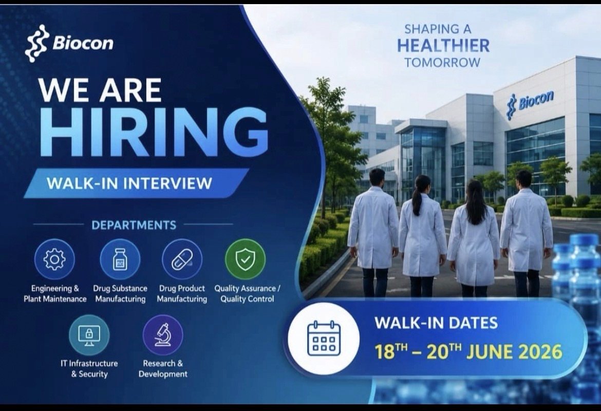 Biocon Walk-In Interview 2026: Hiring Across Manufacturing, QA, R&D & IT Departments