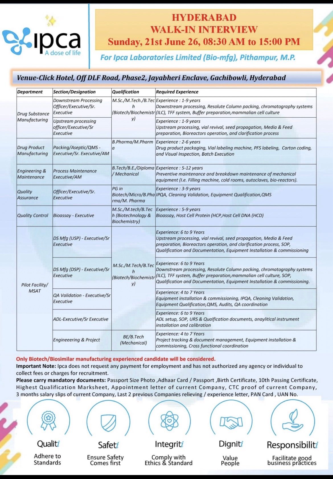 Ipca Laboratories Walk-In Interview in Hyderabad on 21 June 2026 | Biotech & Pharma Jobs