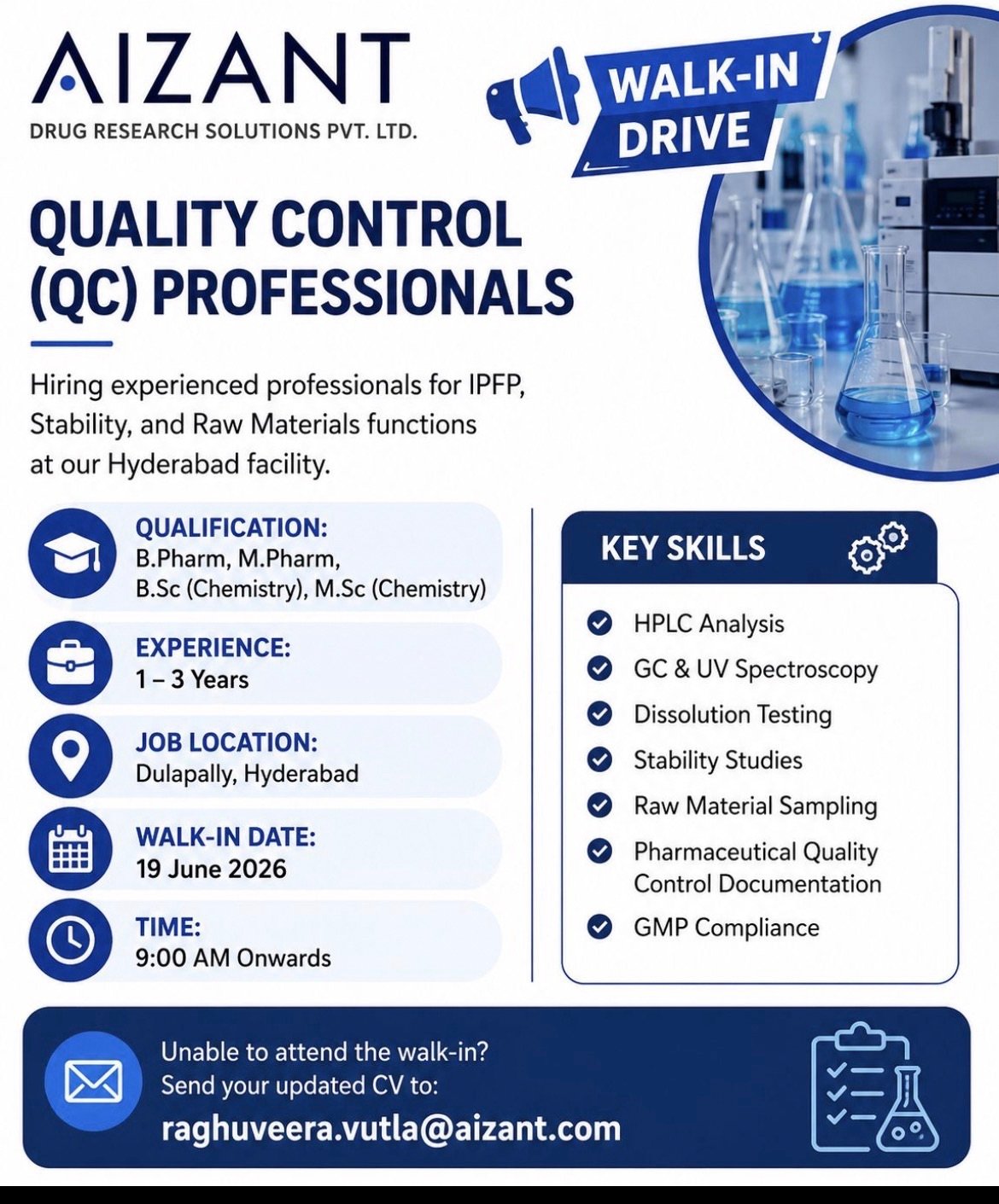 Aizant Walk-In Drive 2026 for Quality Control (QC) Professionals in Hyderabad | Apply for IPFP, Stability & Raw Materials Roles