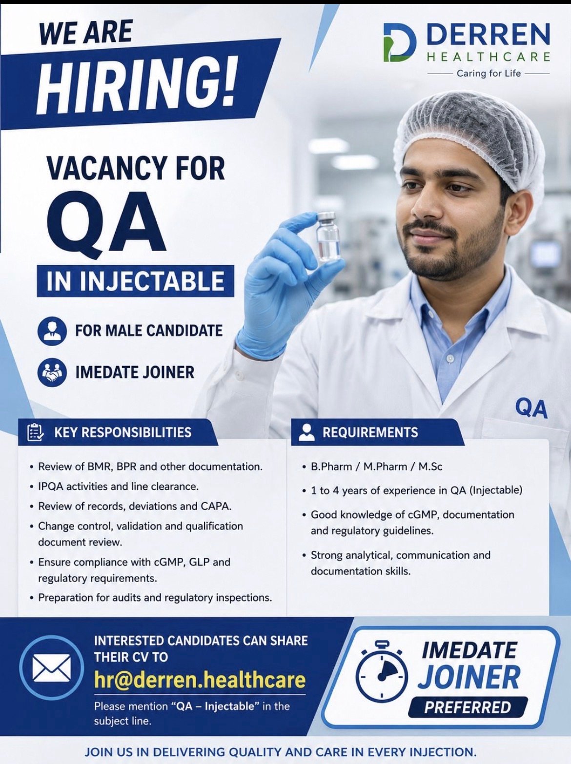 QA Injectable Vacancy at Derren Healthcare | Immediate Joiner Opportunity for Male Candidates