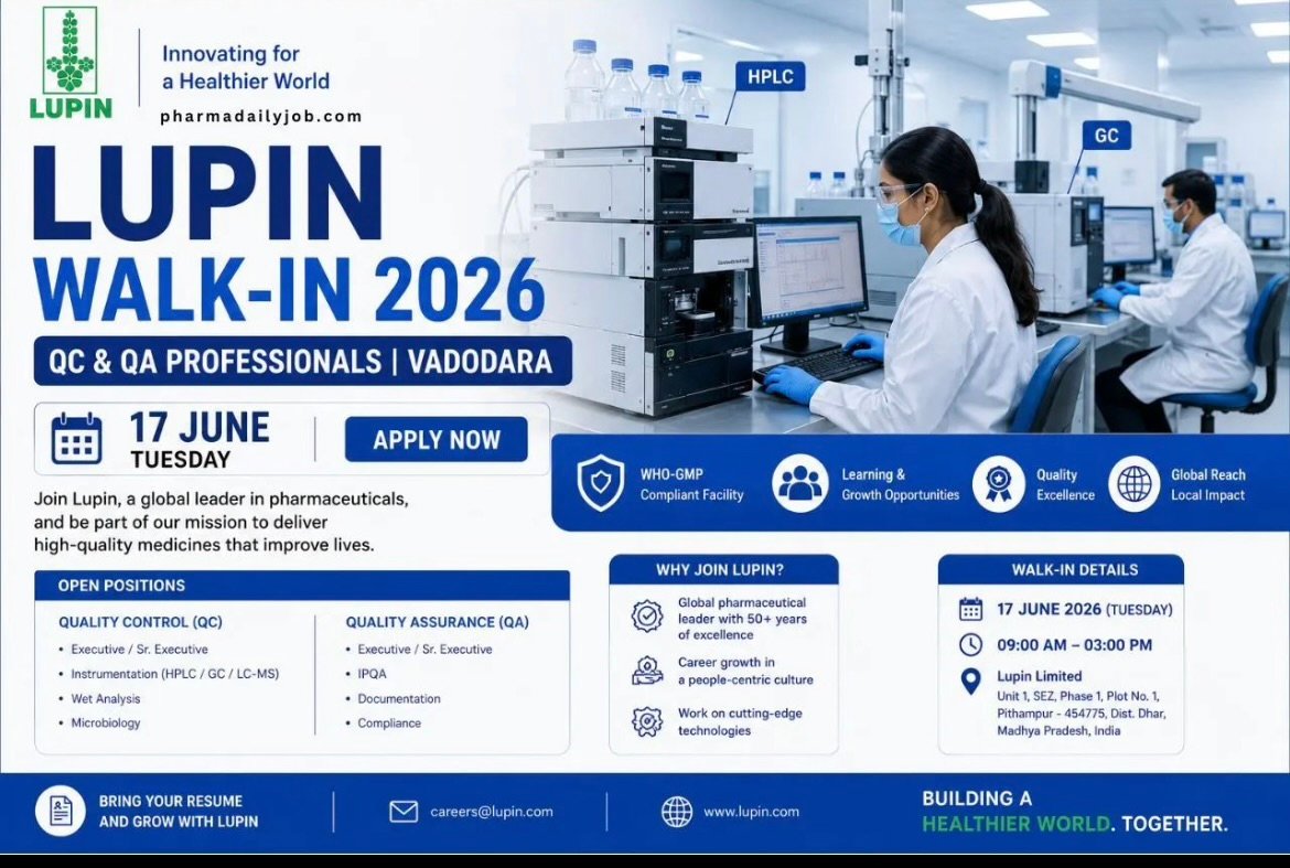 Lupin Walk-In Drive 2026 for QC & QA Professionals in Vadodara | Apply on 17 June 2026
