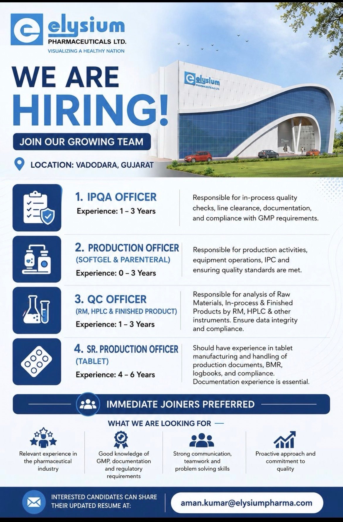 Elysium Pharmaceuticals Ltd. Hiring in Vadodara: IPQA Officer, Production Officer, QC Officer & Sr. Production Officer Jobs