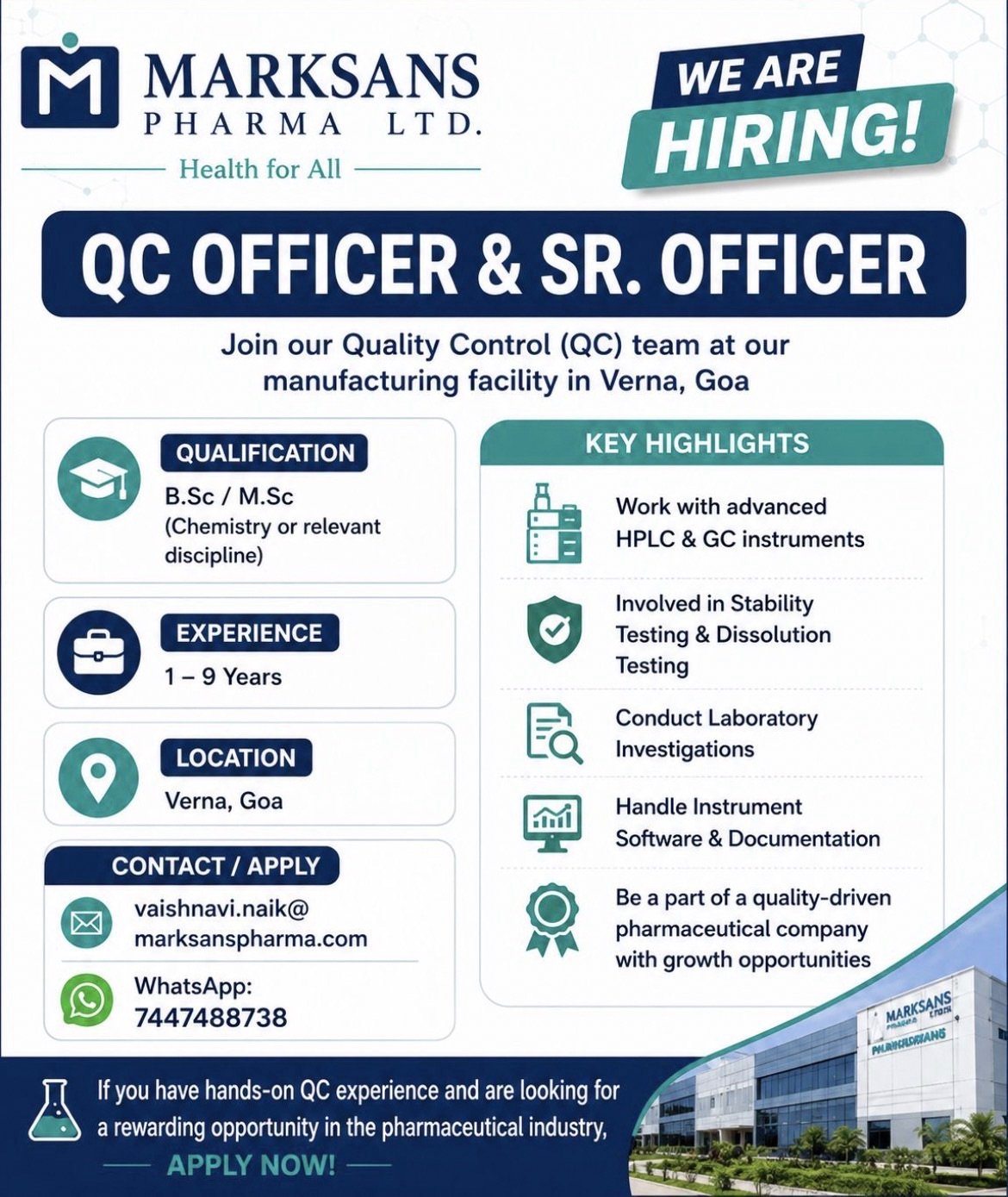 QC Officer & Sr. Officer Job Opening at Marksans Pharma Ltd, Verna Goa | Apply Now