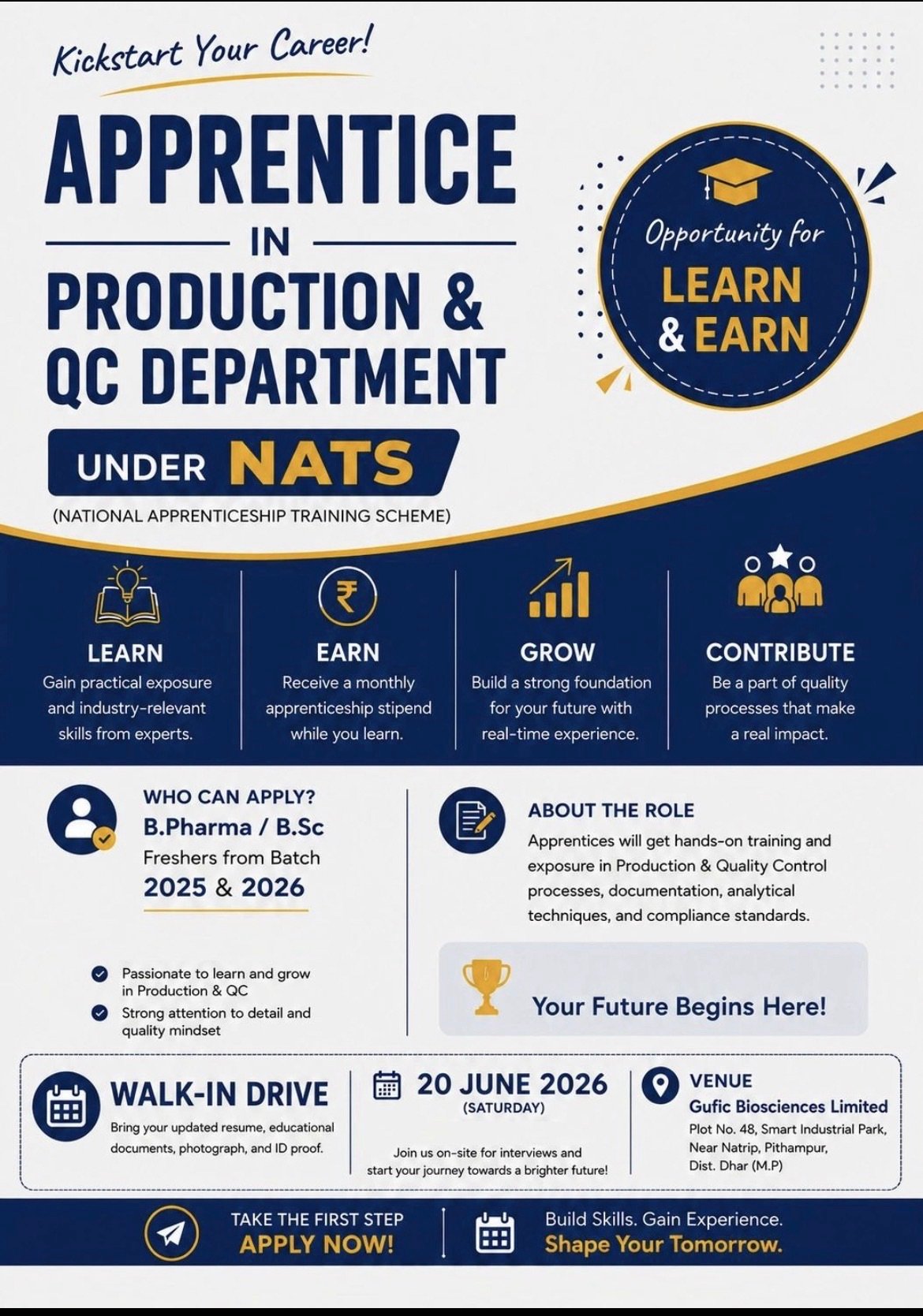 Apprentice in Production & QC Department Under NATS – Walk-In Drive at Gufic Biosciences Limited | June 2026