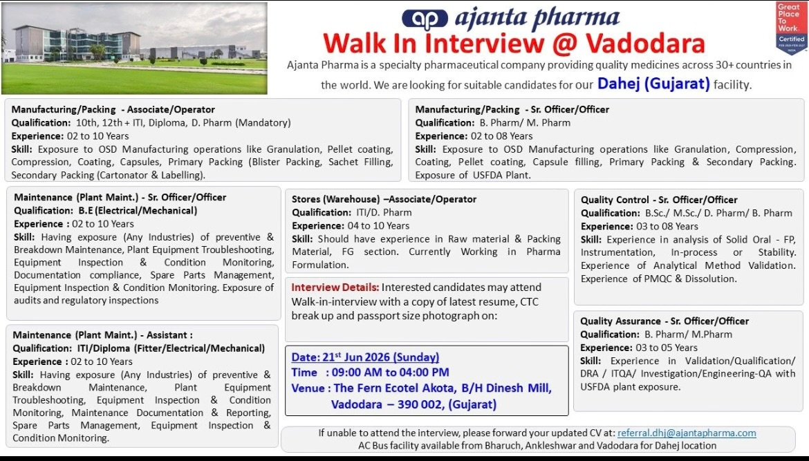 Ajanta Pharma Walk-In Interview 2026 – Manufacturing, QA, QC, Maintenance & Warehouse