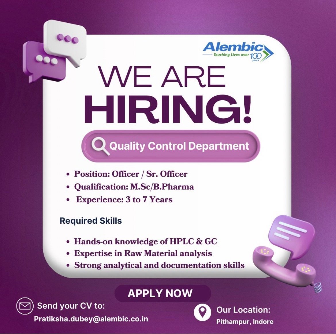 Alembic Pharmaceuticals Hiring – Quality Control Officer & Senior Officer