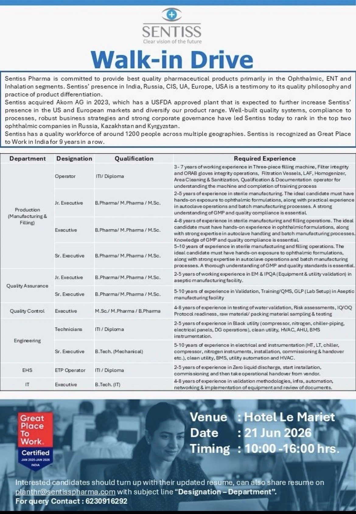Sentiss Pharma Walk-In Drive 2026 – QA, QC, Production, Engineering & EHS