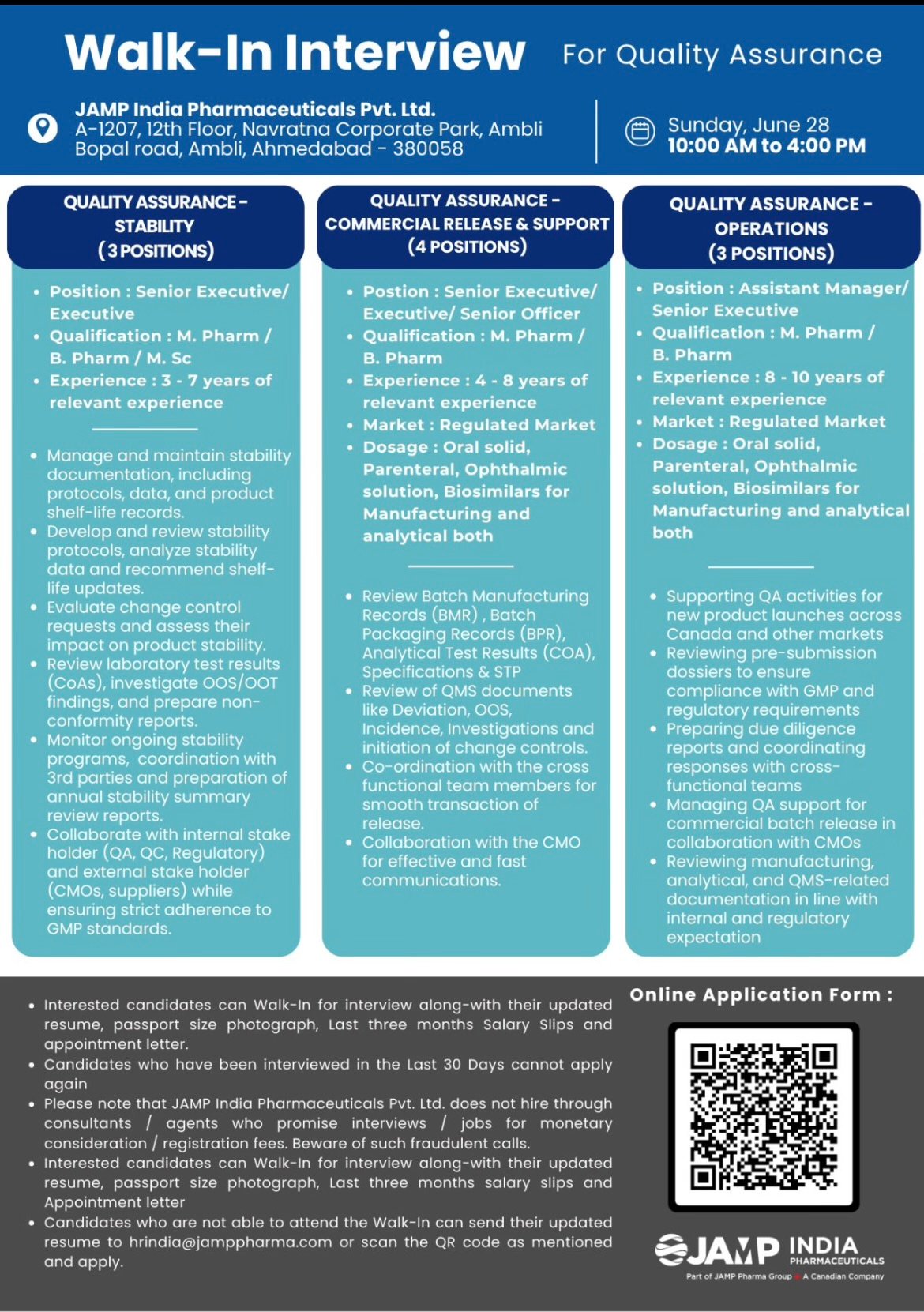 Walk-In Interview for Quality Assurance at JAMP India Pharmaceuticals Pvt. Ltd. – Ahmedabad