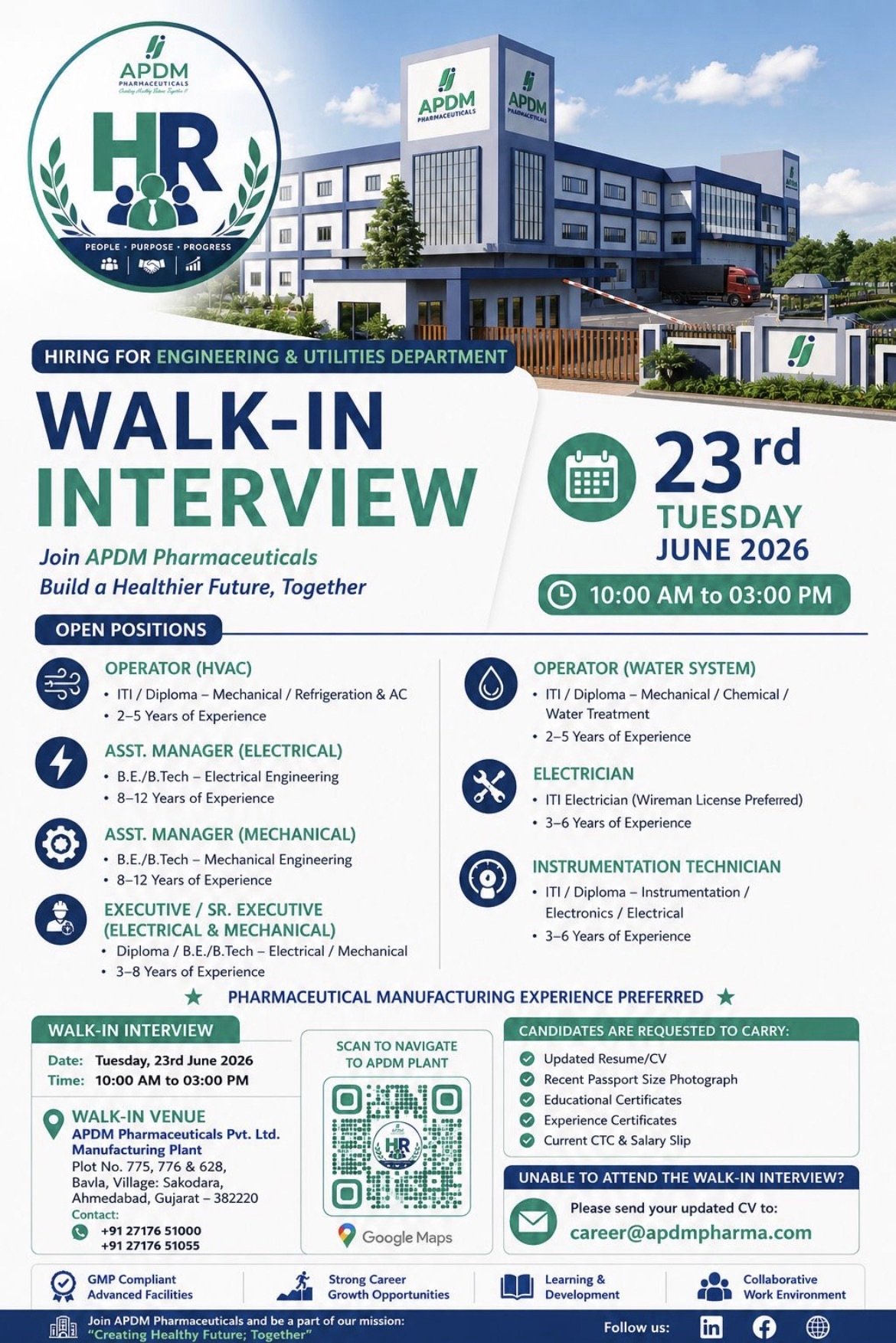 APDM Pharmaceuticals Walk-In Interview 2026 – Engineering & Utilities Department Hiring in Ahmedabad, Gujarat