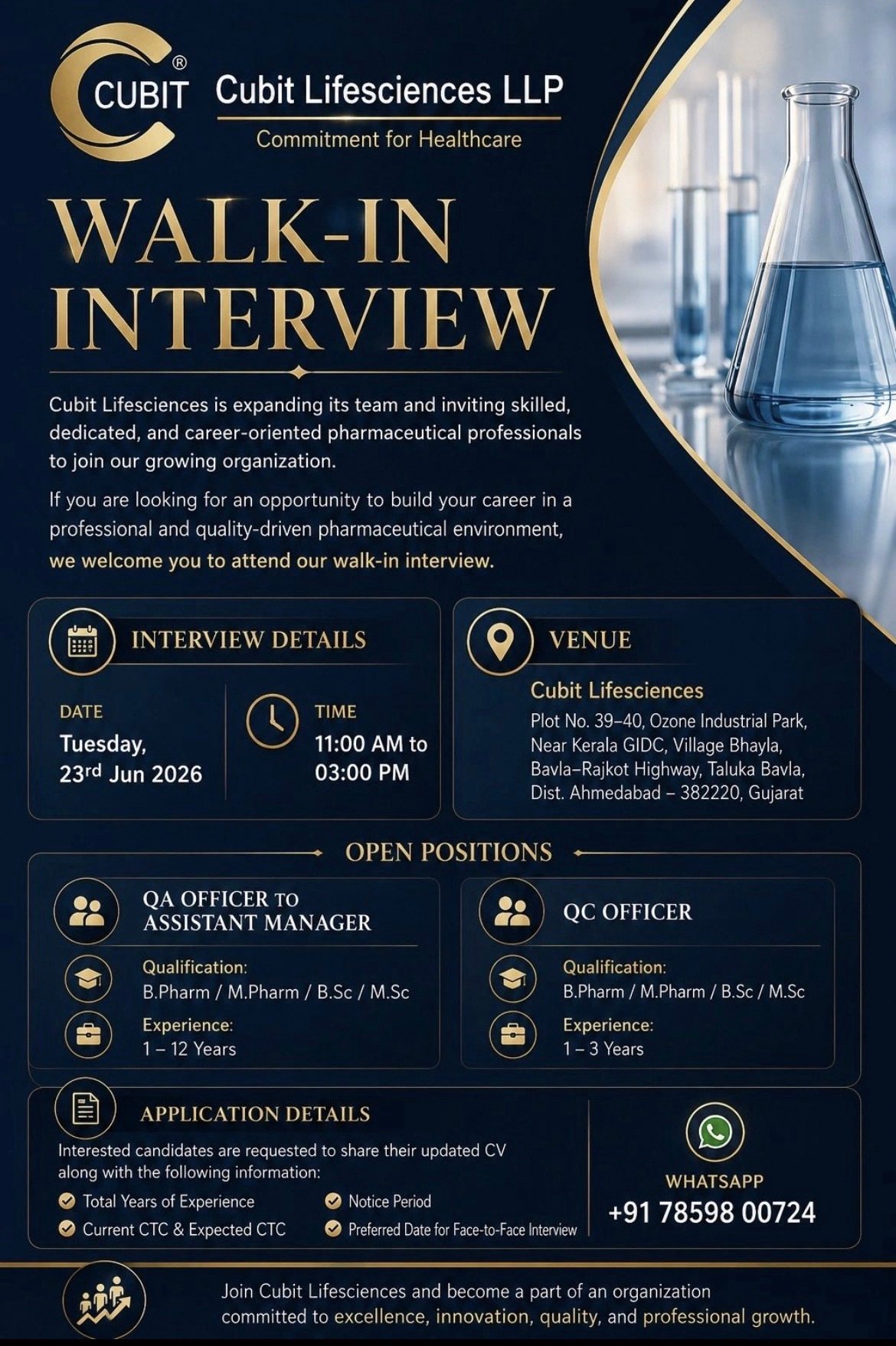 Cubit Lifesciences LLP Walk-In Interview 2026 | QA Officer to Assistant Manager & QC Officer Jobs in Ahmedabad
