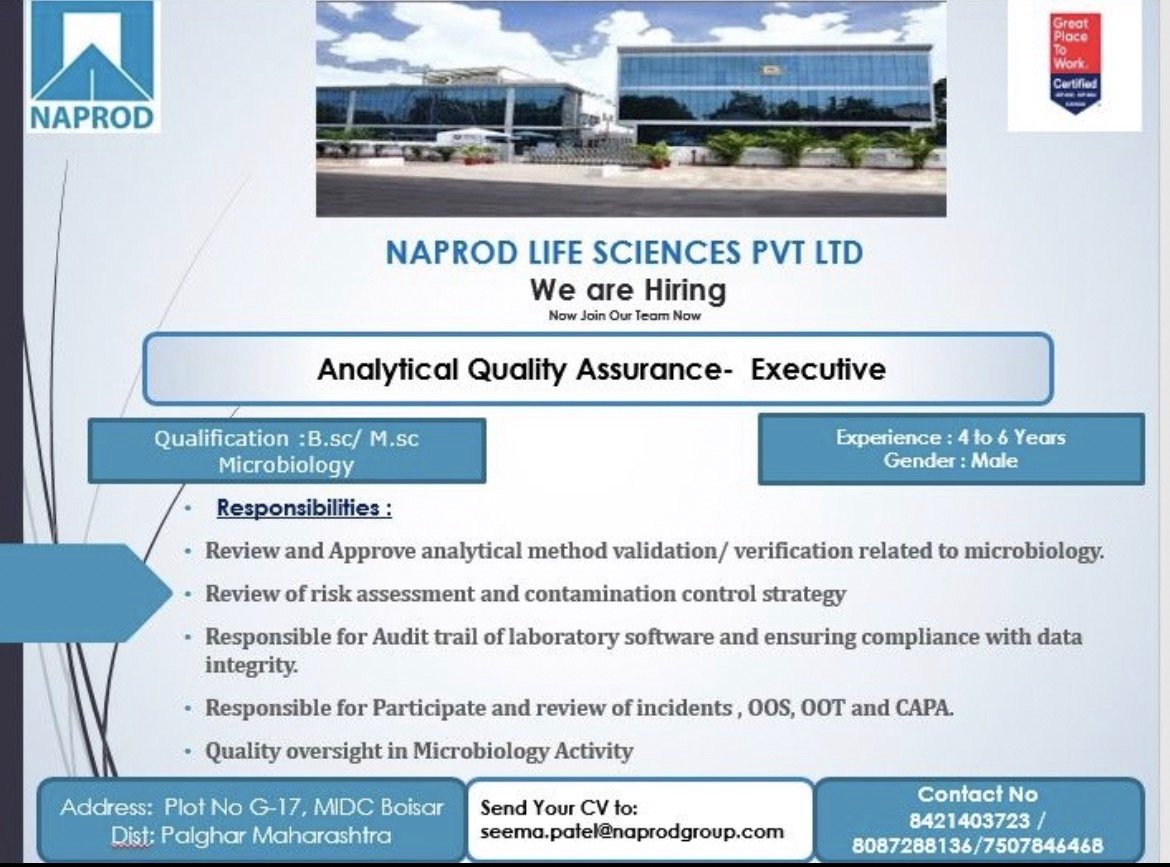 Analytical Quality Assurance Executive Job Opening at Naprod Life Sciences Pvt. Ltd. – Boisar, Maharashtra