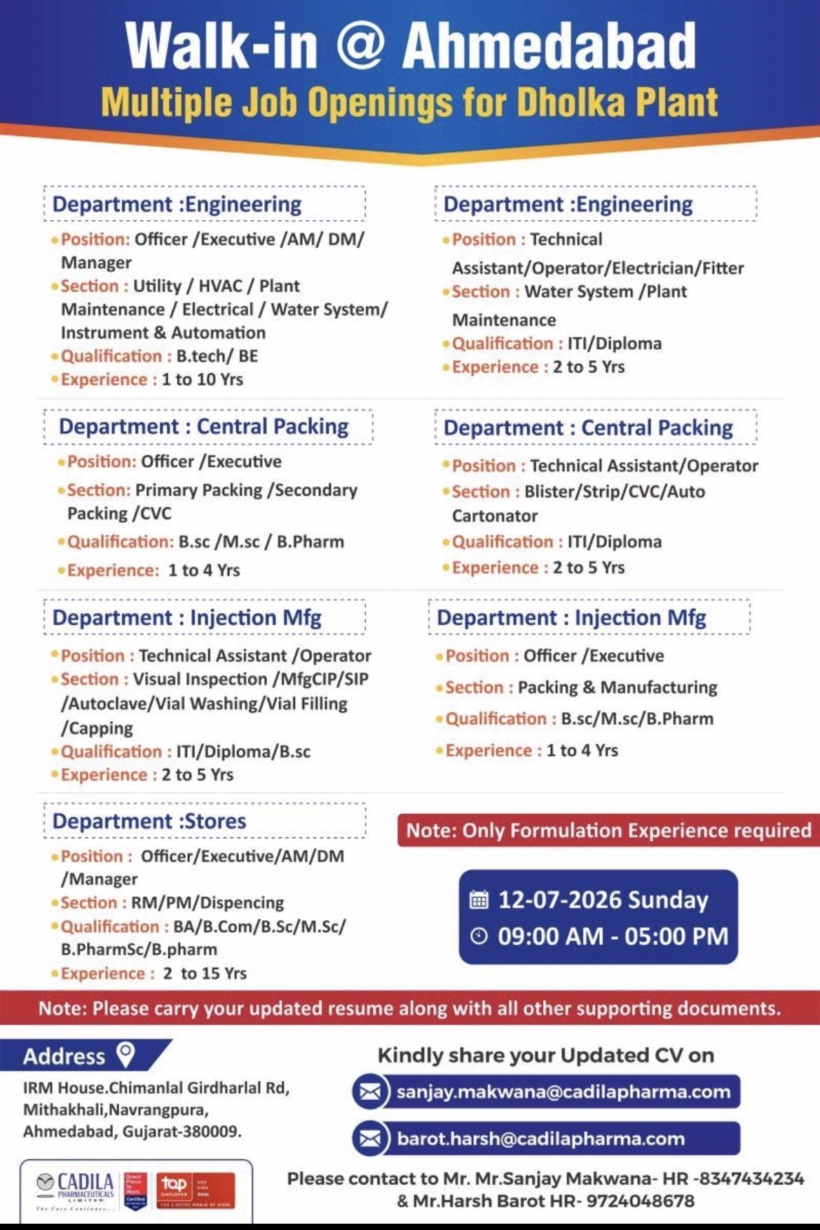 Cadila Pharmaceuticals Walk-in Drive 2026 | Engineering, Injection Manufacturing, Packing & Stores Jobs | Ahmedabad